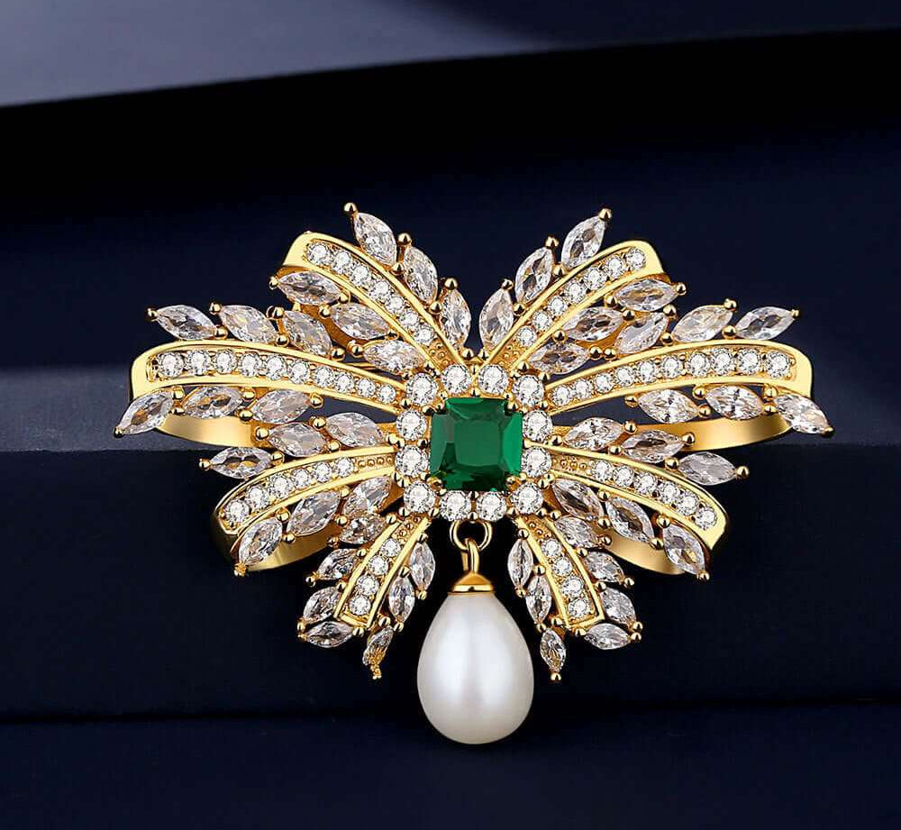 925 Silver Emerald Freshwater Pearl Bow Brooch