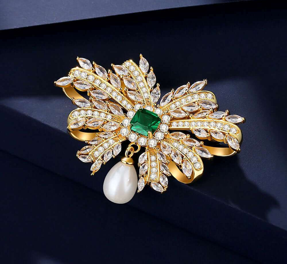 925 Silver Emerald Freshwater Pearl Bow Brooch