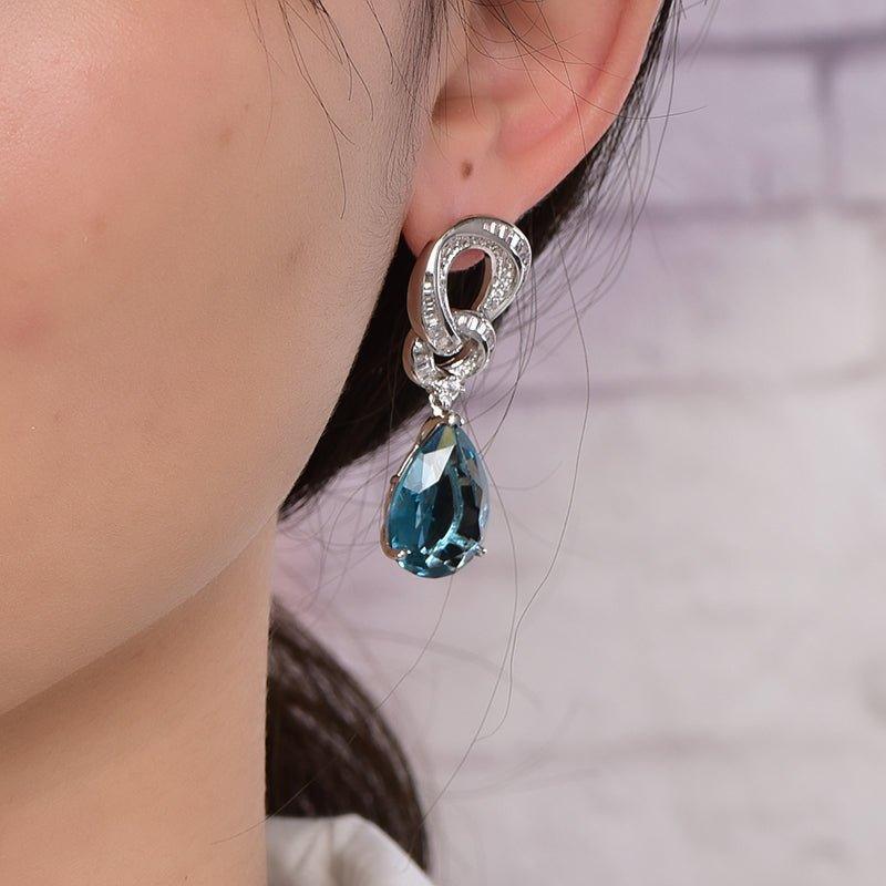 Tear Drop Hoop Earrings with Charm Blue Ziron Cubic Zirconia - Trendolla Jewelry